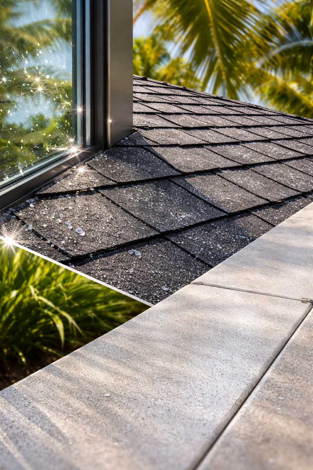 A close-up view of a shingled roof next to a glass window with a paved ledge in the foreground and palm trees in the back.
