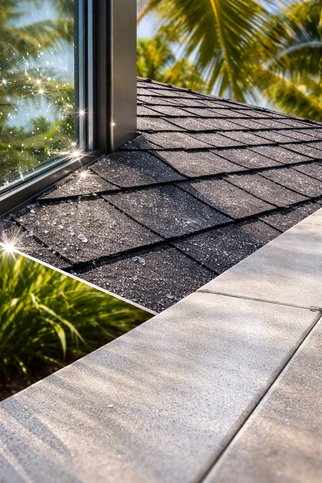 A close-up view of a shingled roof next to a glass window with a paved ledge in the foreground and palm trees in the back.