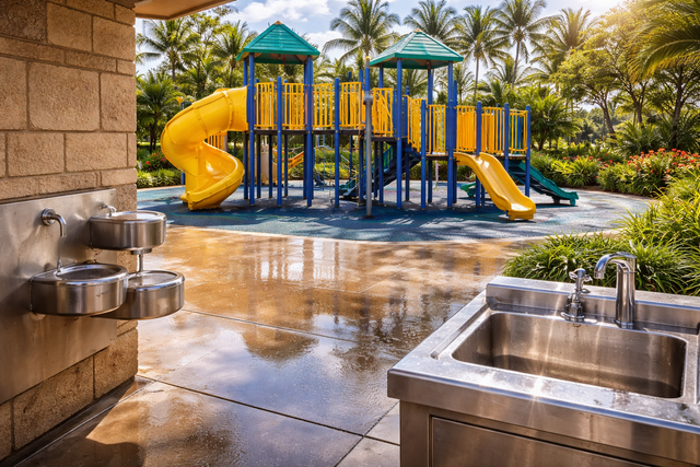 Stainless steel sinks and water fountains next to a playground with yellow slides and blue climbing structures.