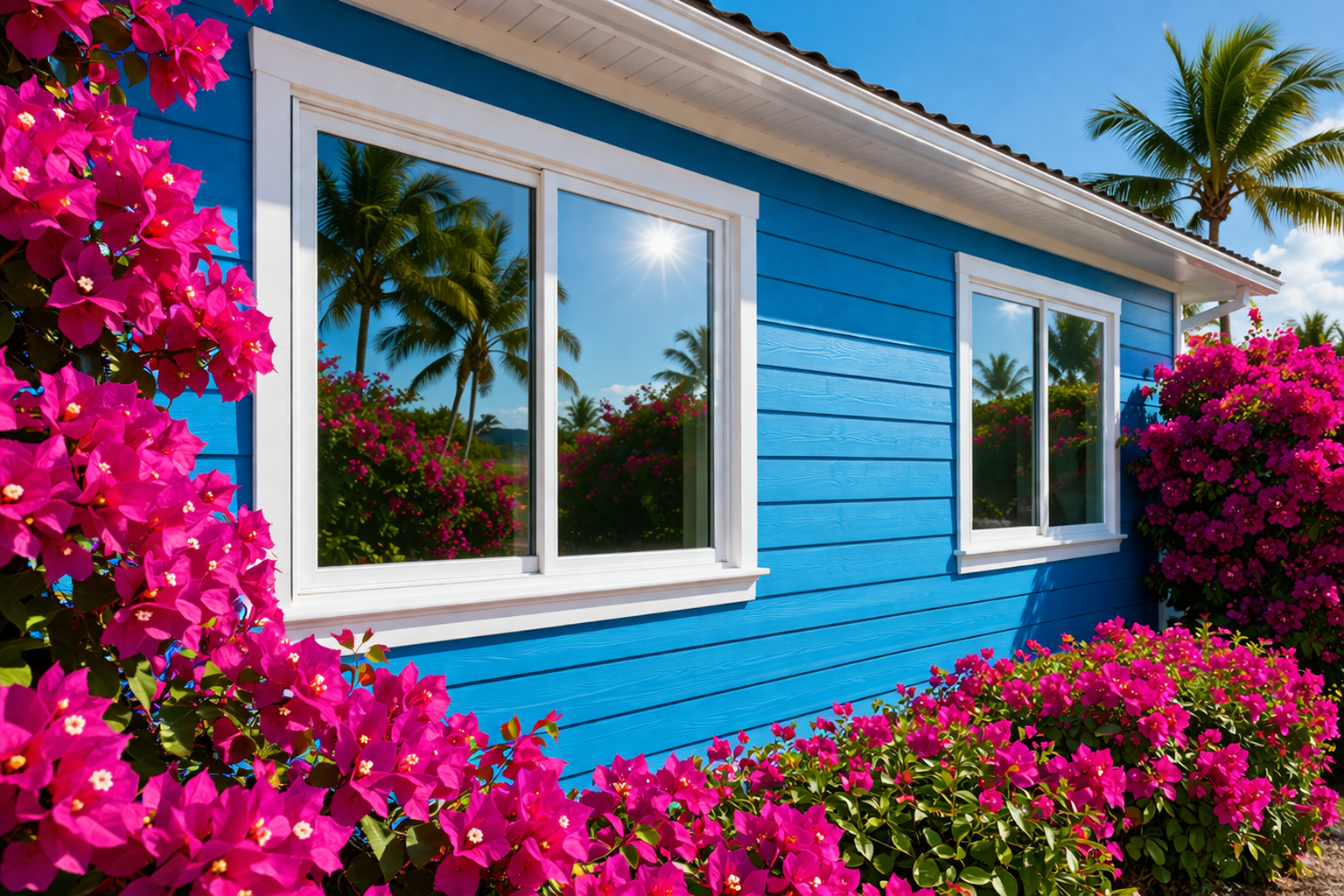 Bright blue house exterior with white-framed windows, surrounded by vibrant pink bougainvillea and palm trees.