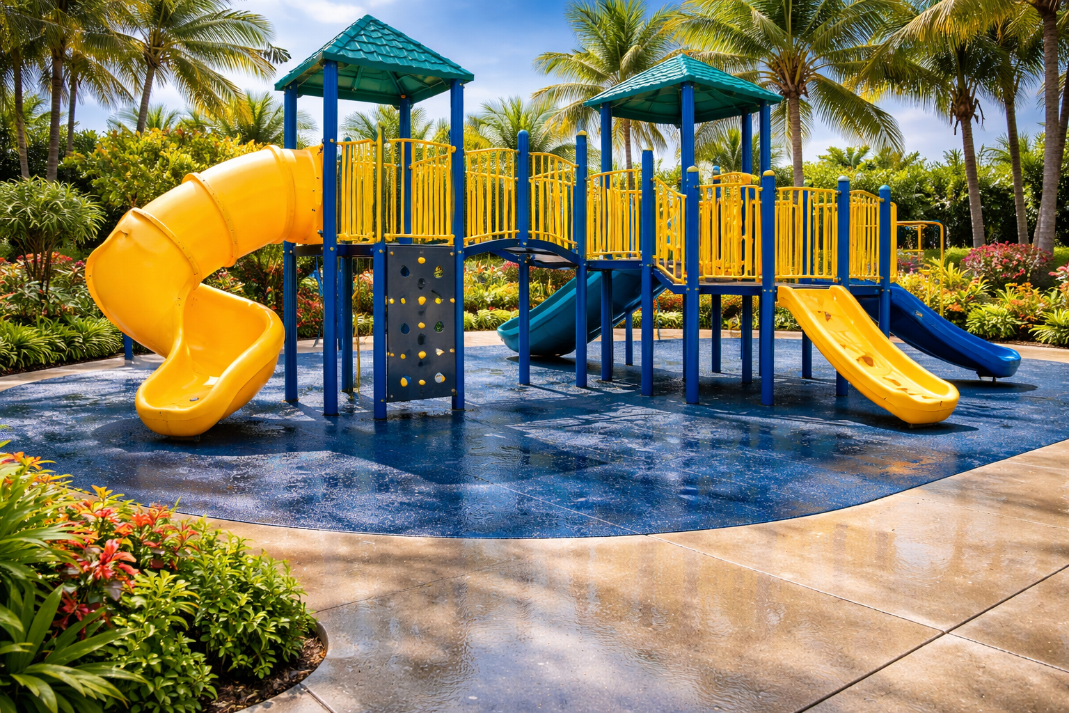 A vibrant playground with a yellow spiral slide, a yellow straight slide, and a blue slide surrounded by palm trees.