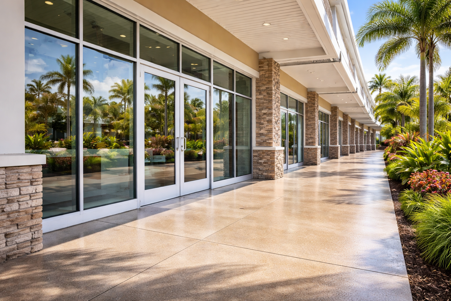 A row of storefronts with glass doors and windows, featuring stone columns and a concrete walkway beside palm trees.