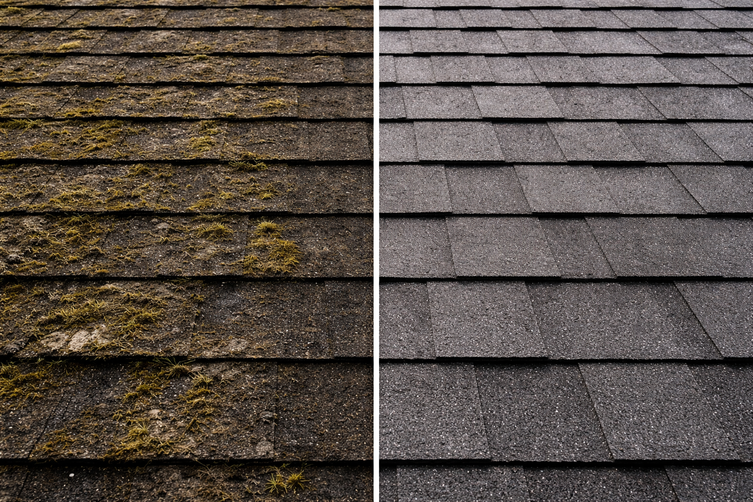 A split view of an asphalt shingle roof showing a dirty, moss-covered side next to a clean, restored side.