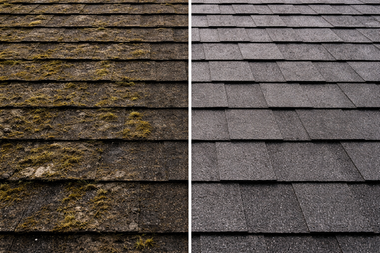 A split view of an asphalt shingle roof showing a dirty, moss-covered side next to a clean, restored side.