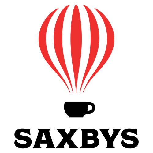 SAXBYS logo with a red hot air balloon above a black coffee cup