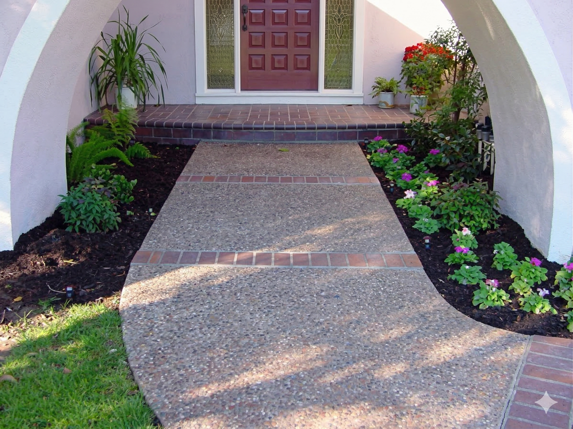 Patio with colorful pavers, wooden furniture, flowers, and a wooden pergola in a garden setting.