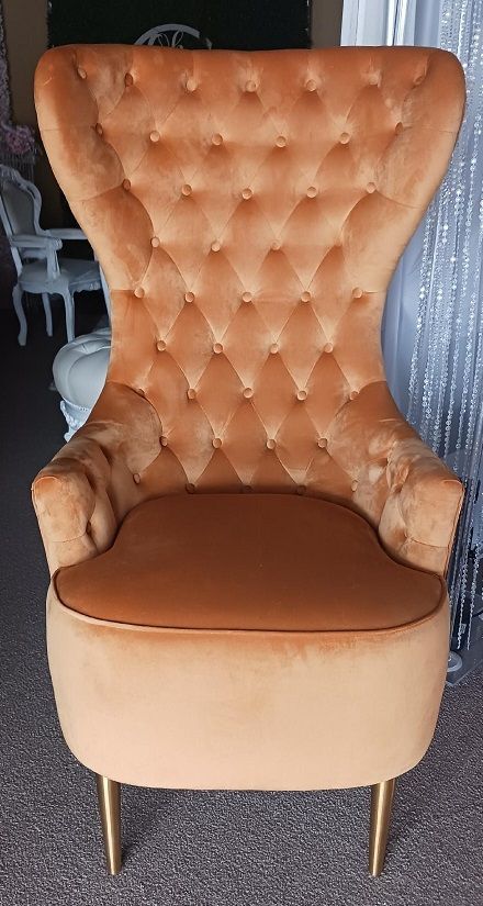A tufted chair is sitting on a carpeted floor in a room.