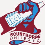 Scunthorpe United F.C. logo: a maroon hand squeezing a blue tube, 
