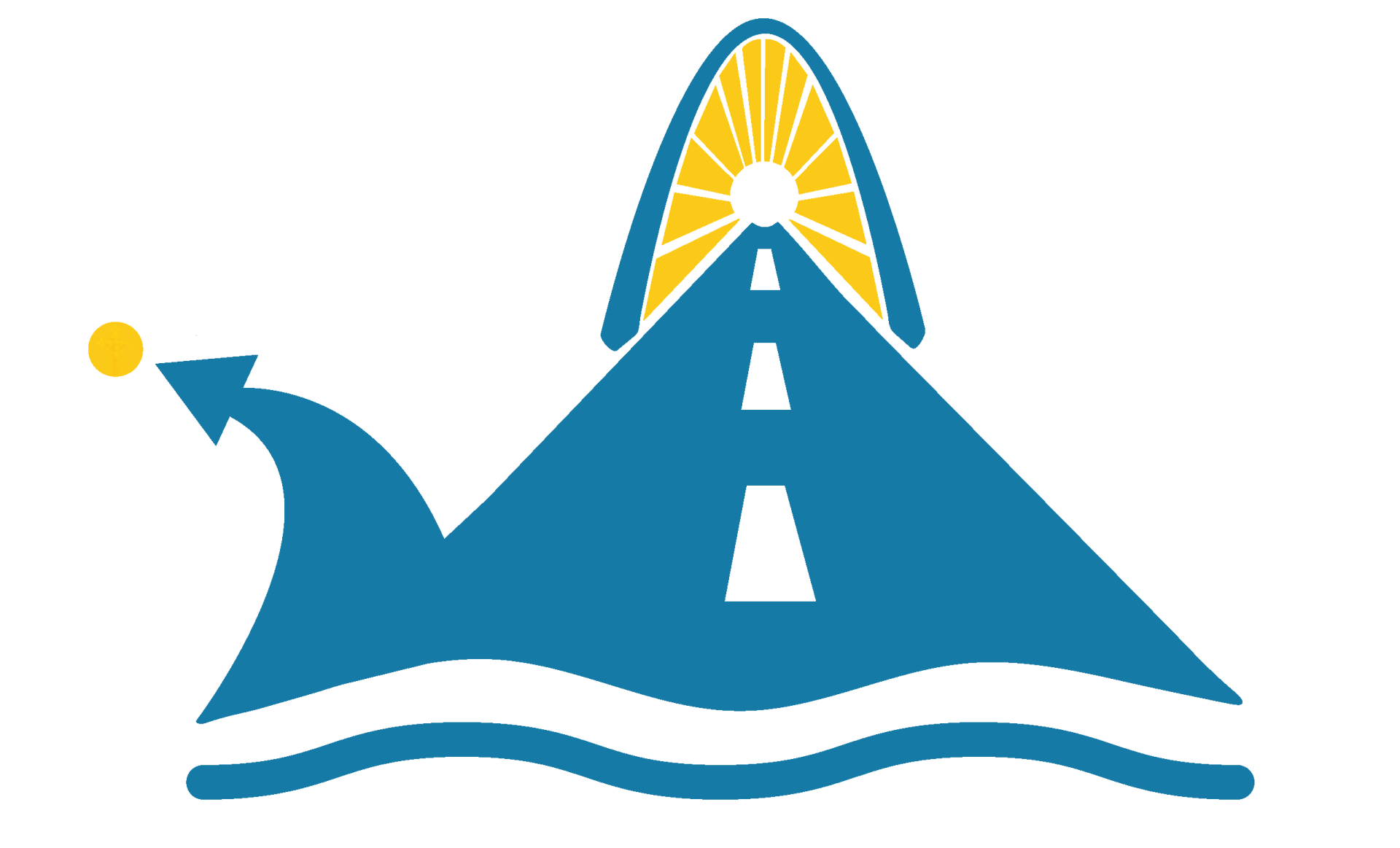 A blue and yellow logo with a road and waves