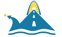 A blue and yellow logo with a road and waves