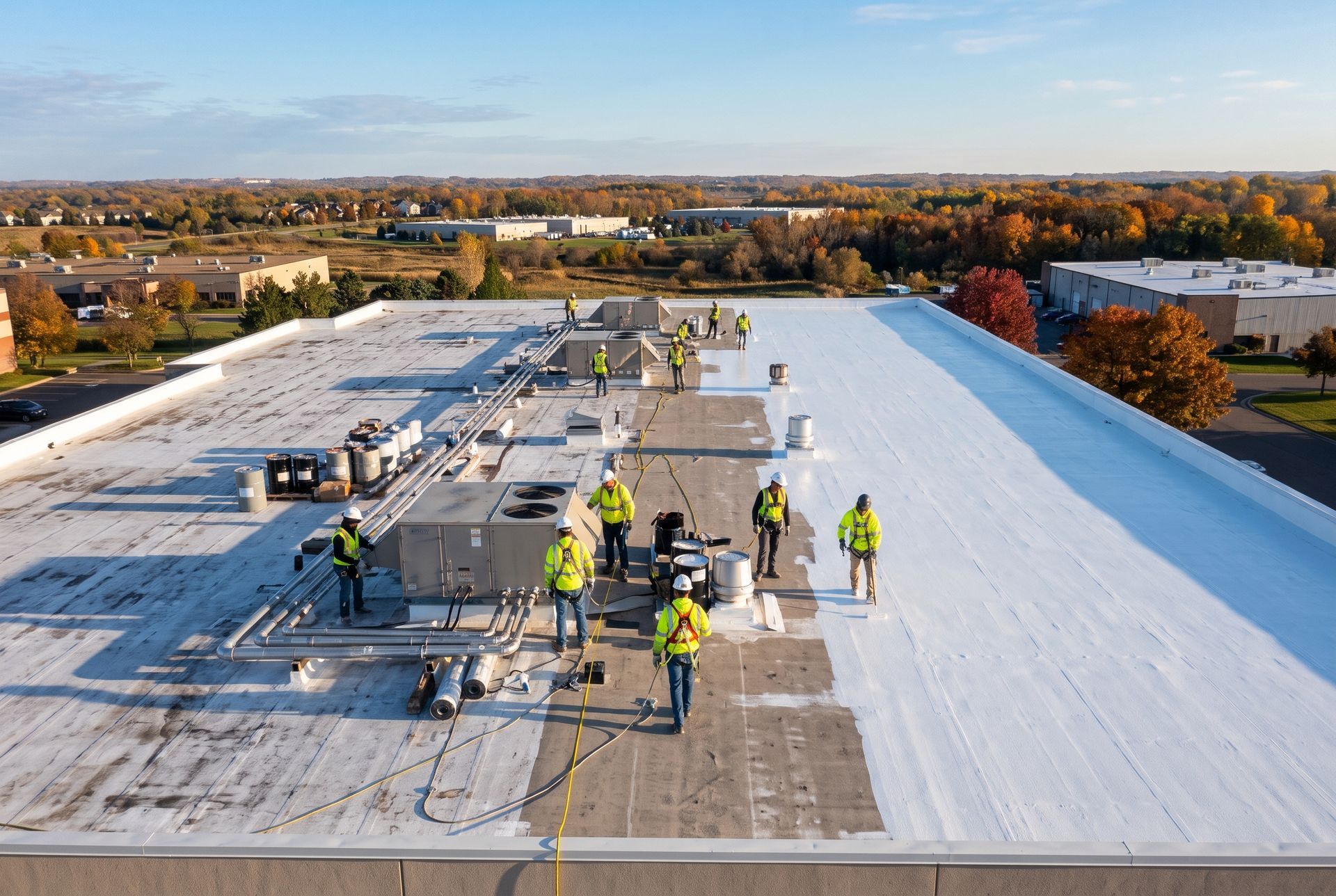 Workers installing rooftop solar panels on a flat white roof under a clear sky