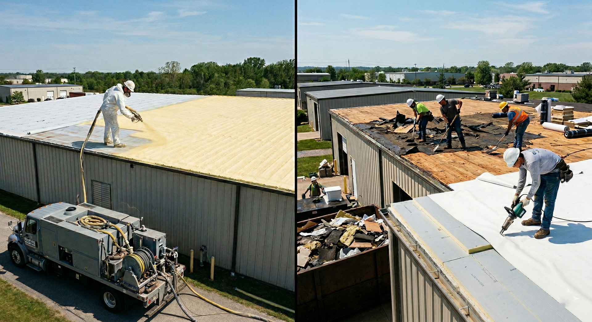 A split-screen showing workers spraying foam insulation on one roof and installing a white membrane roof on another.