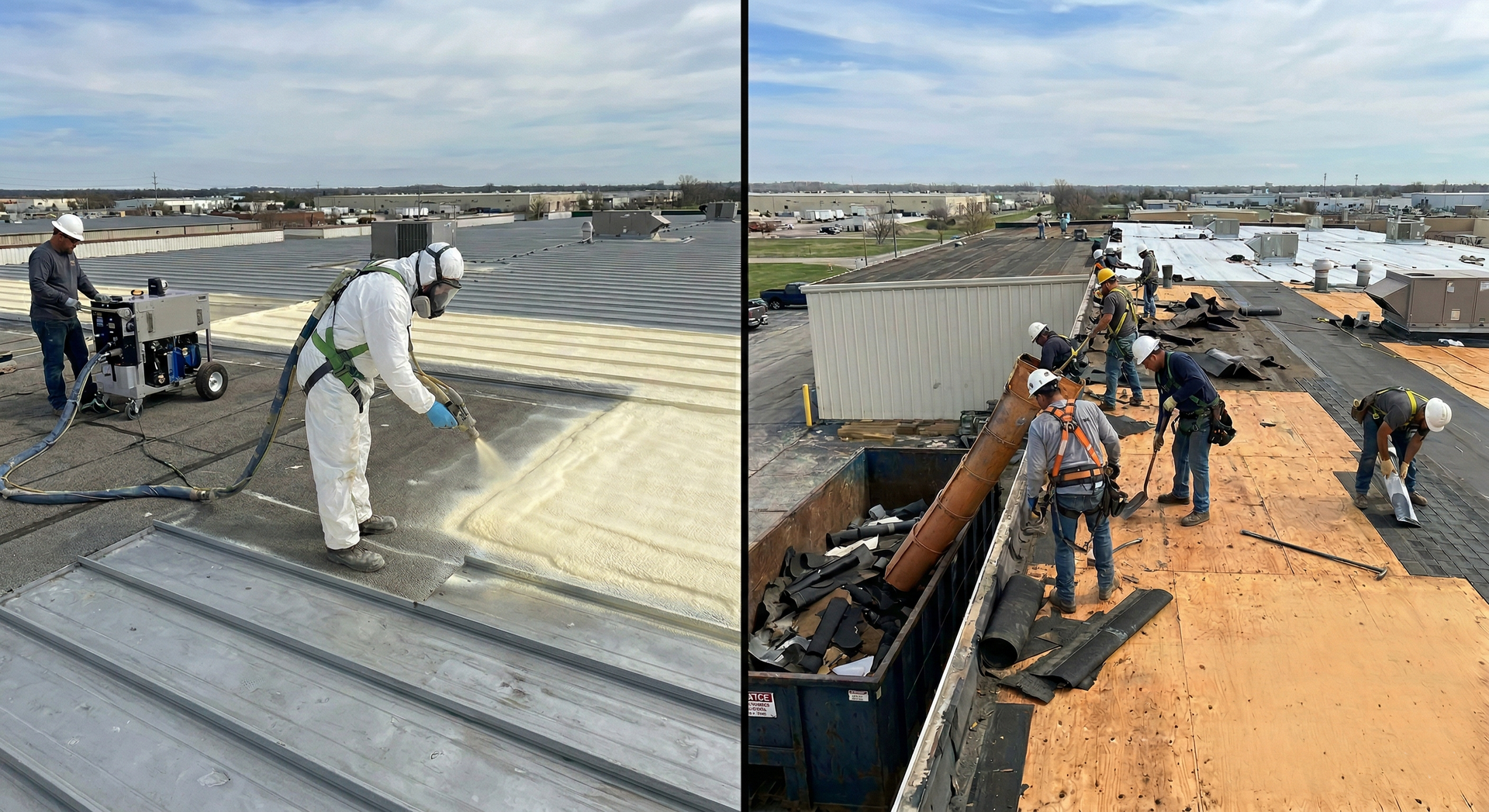 Split view of roof workers: one applying spray foam insulation, the other removing old roofing materials into a dumpster.