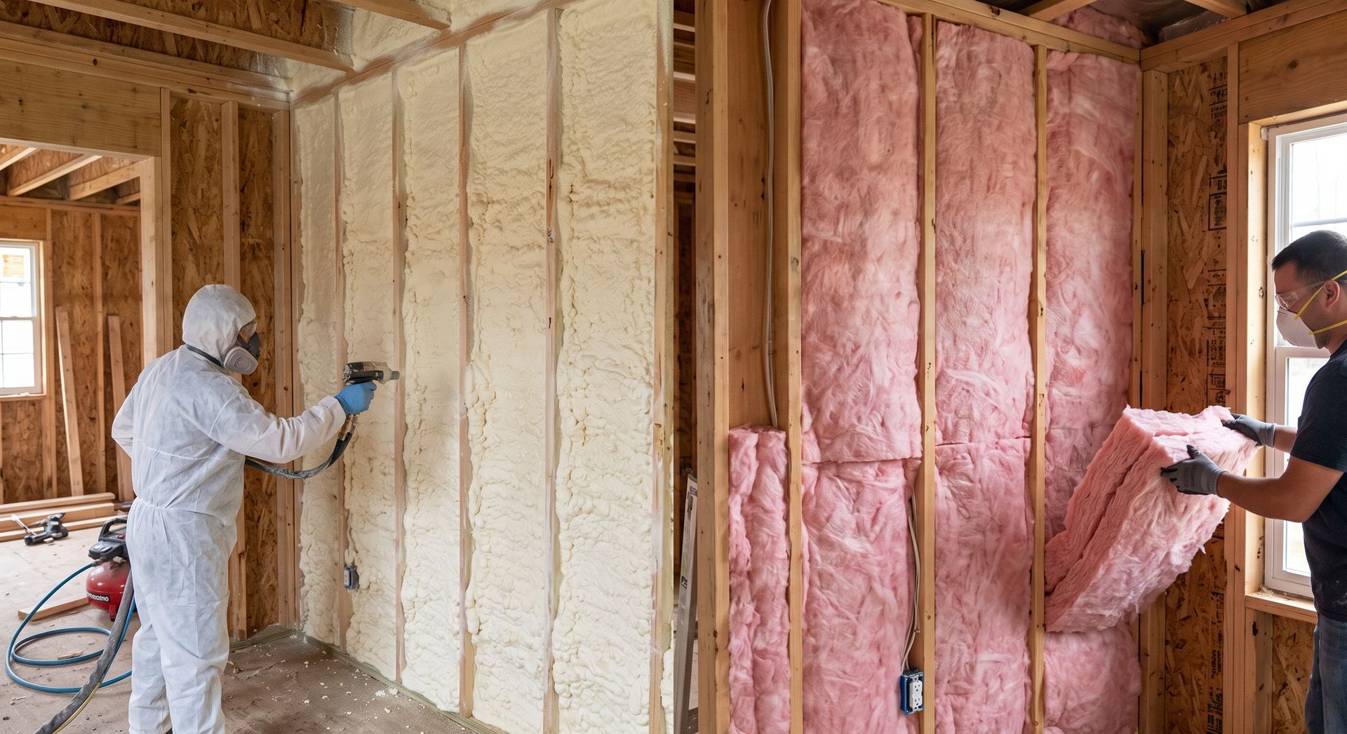 Workers installing insulation inside a wooden-framed wall, with pink fiberglass insulation visible.