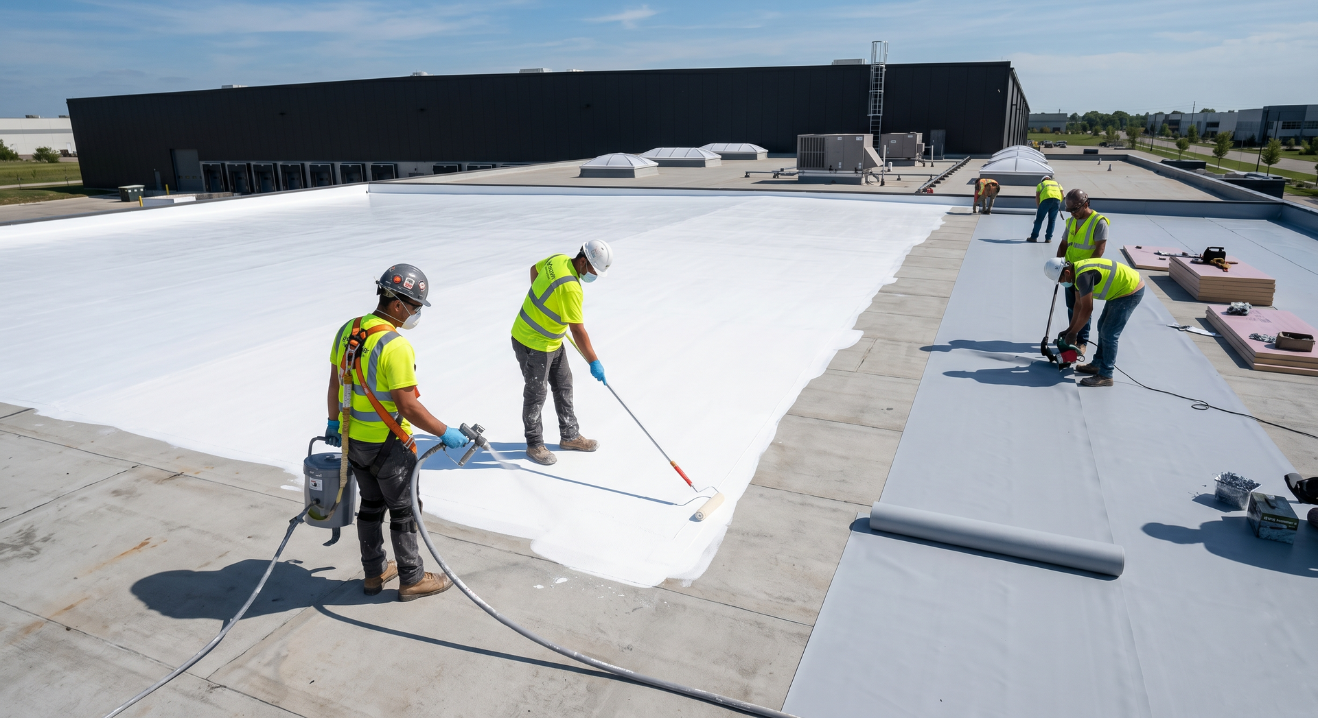 Workers in neon vests spray white coating on a flat rooftop beside gray roofing panels.