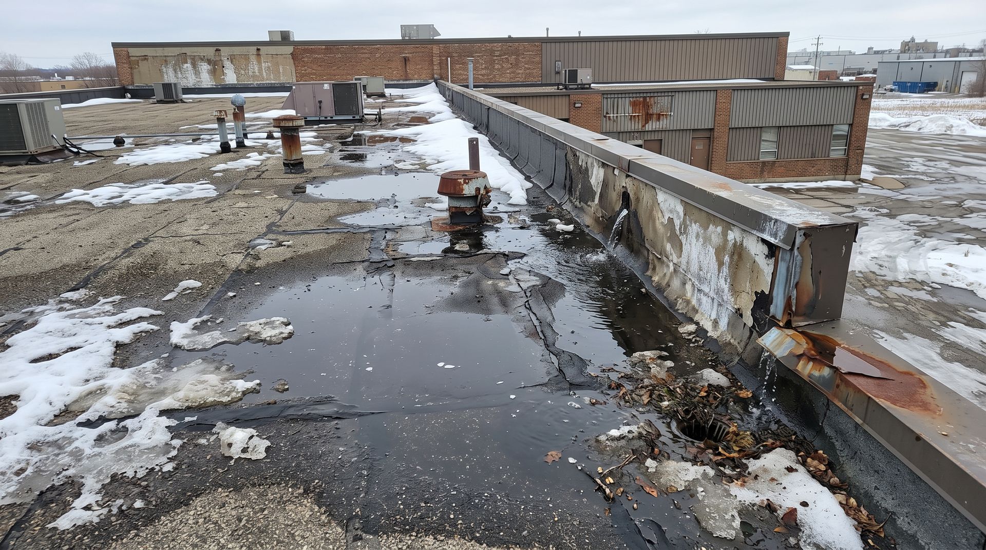 Snowy rooftop with pooled water, damaged parapet, and industrial buildings in the distance