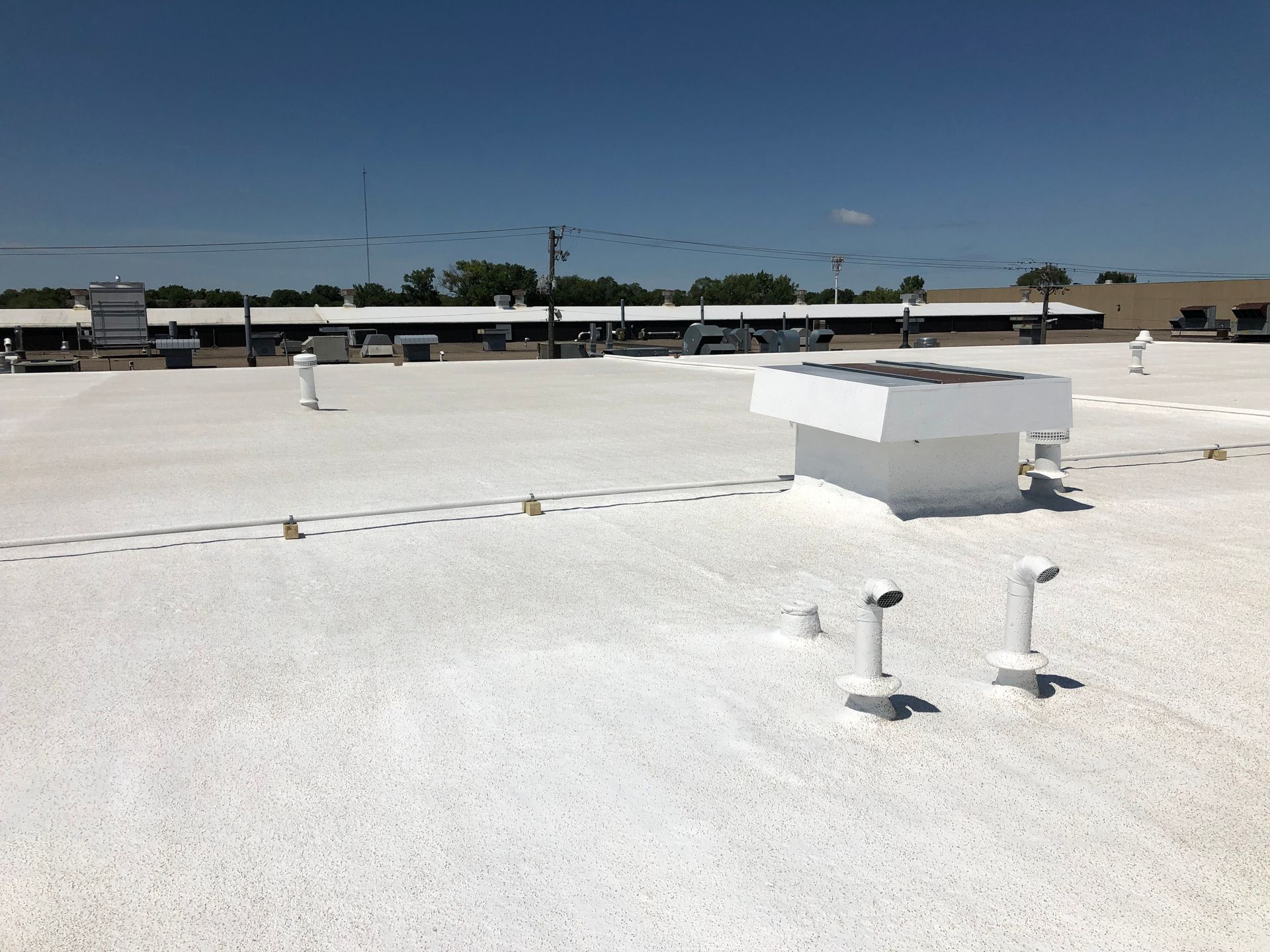 Workers in white suits on a white commercial roof on a sunny day.