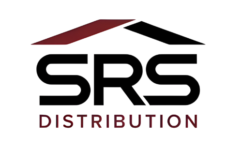 A logo for srs distribution with a red roof.