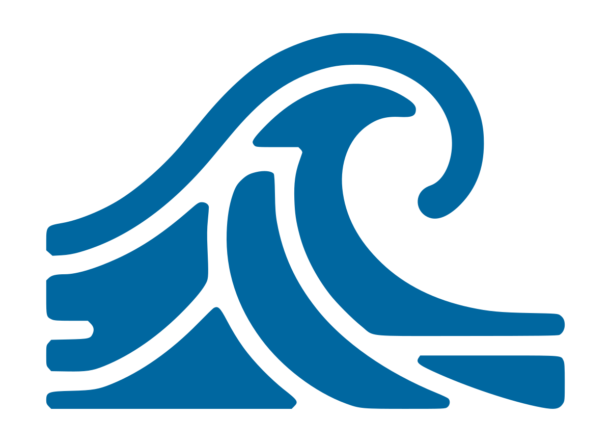 A stylized blue graphic icon of a curling ocean wave.