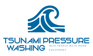 Logo for Tsunami Pressure Washing: a blue wave icon above the company name and the tagline "Nice people with mean equipment."