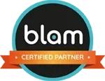 Blam Certified Partner badge: Black circle with white