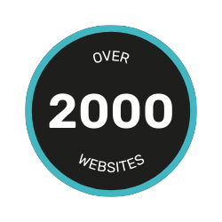 Over 2000 websites, white text on black circle with teal border.