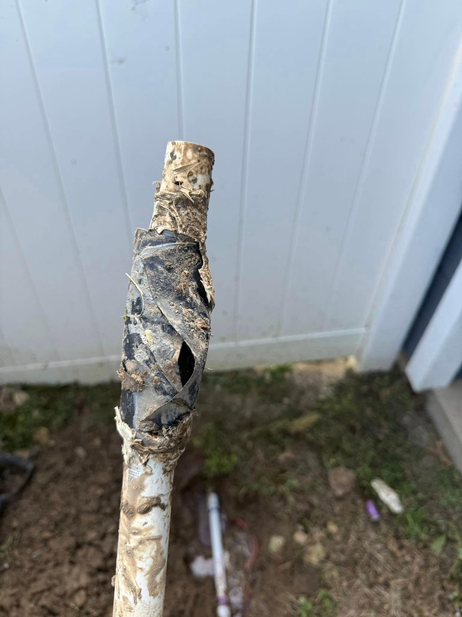 Damaged white PVC pipe with a large hole, buried in dirt near a fence.