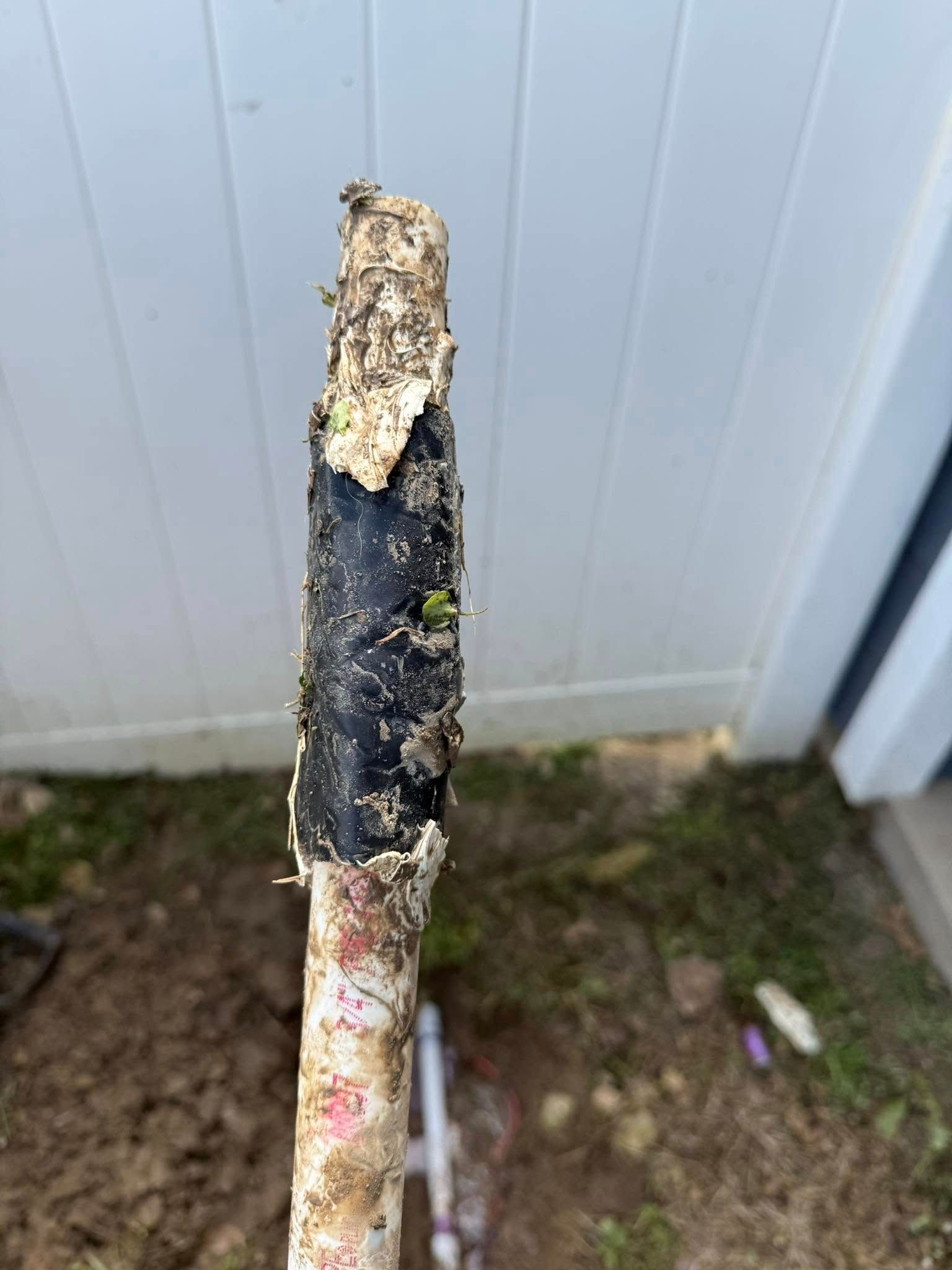 PVC pipe with black tape and debris. Background is a white fence and grass.