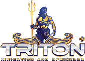 Triton Irrigation logo: muscular man with trident, gold and blue accents, text 