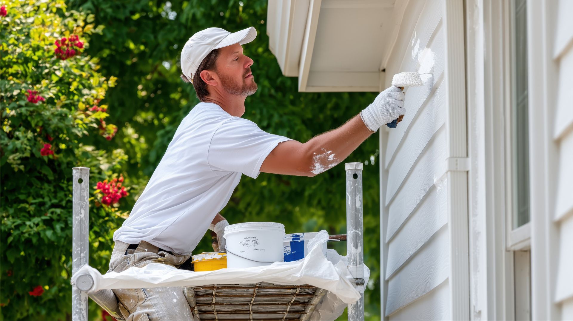 Painter on scaffold painting white trim on a house exterior.