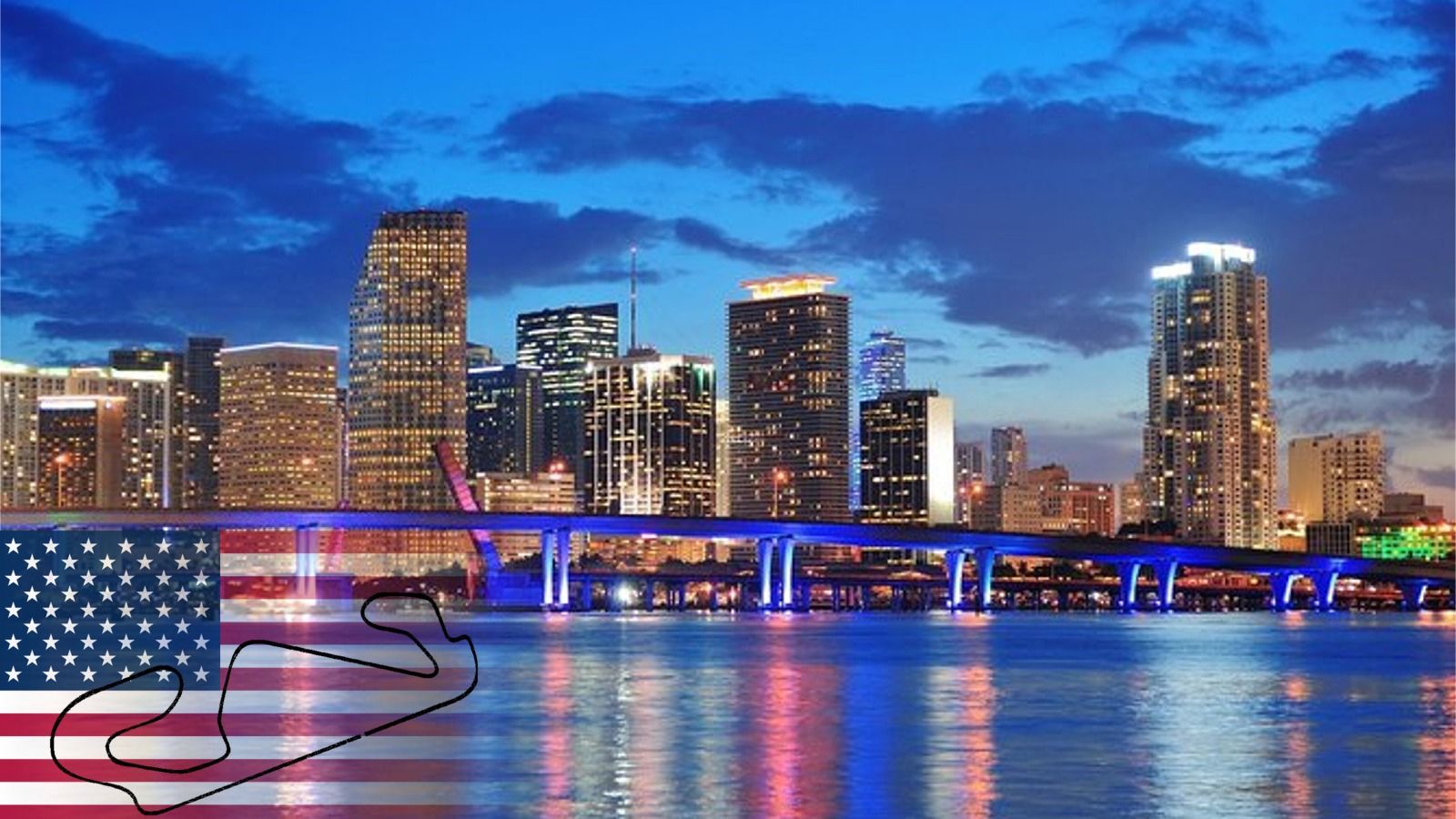 Miami skyline with the miami international autodrome circuit and the american flag in the bottom left corner