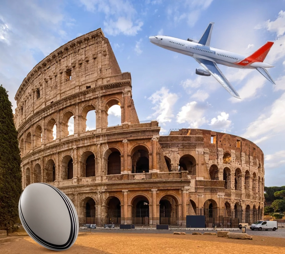 an image of the colluseum with an airplane and rugby ball