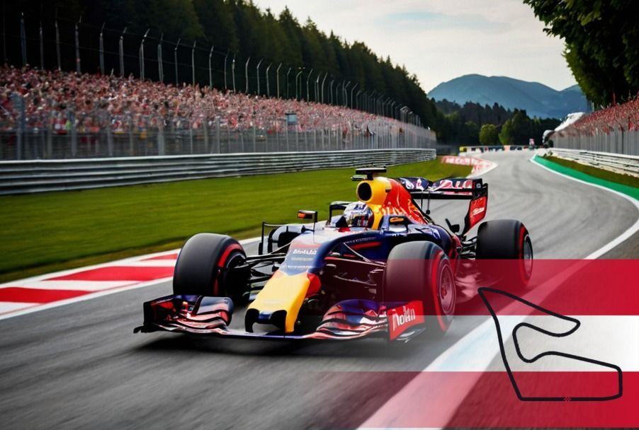 a picture of the austria track with the austrian flag and an outline of the track in the bottom right corner