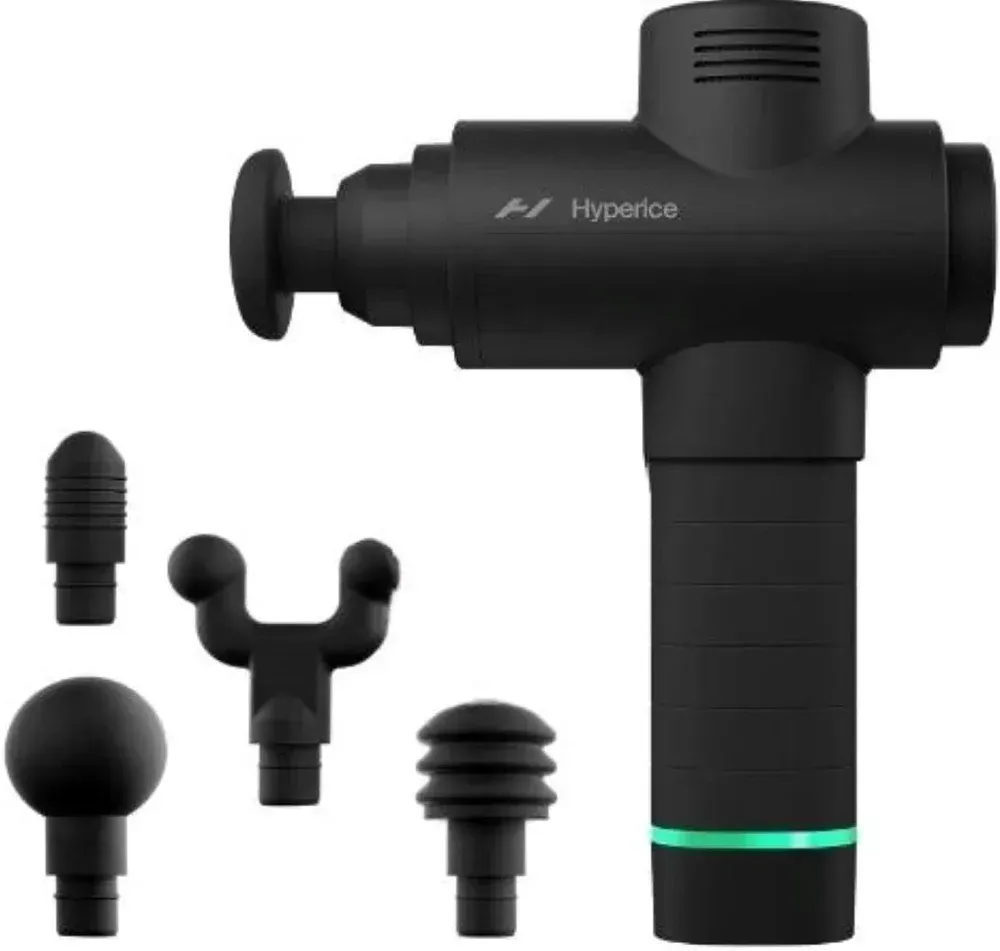 Black Hyperice massage gun with four interchangeable attachments on a white background