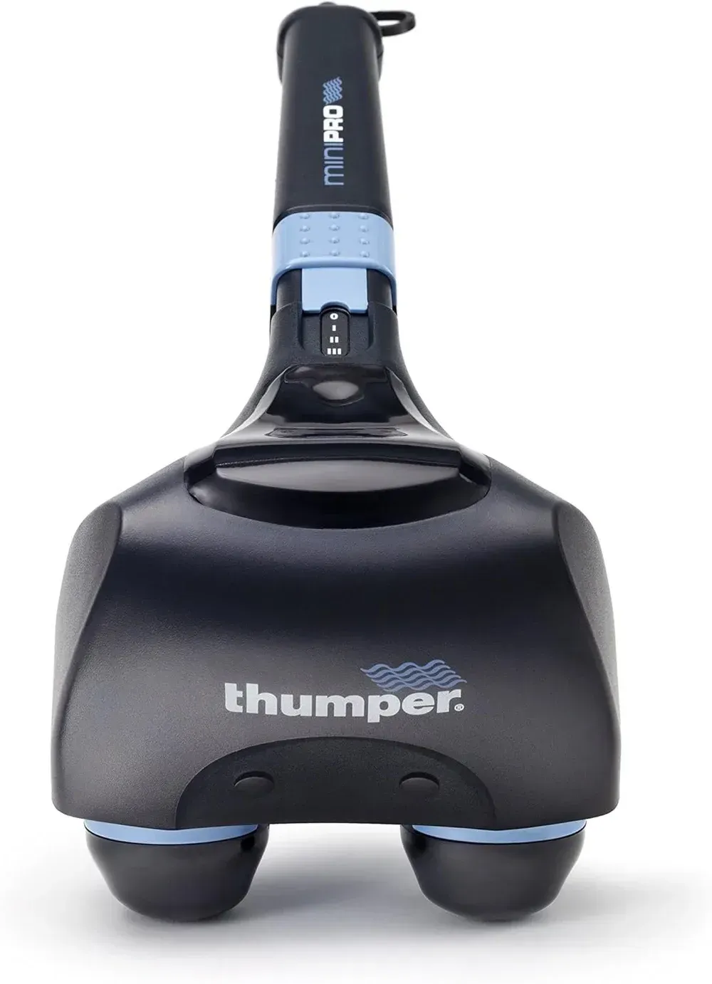 Black Thumper massage device with blue handle and two rounded feet, front view