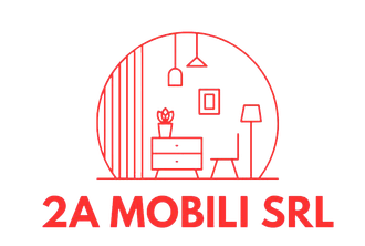 Logo per 2A Mobili SRL con un disegno stilizzato rosso di mobili e decorazioni per il soggiorno all'interno di un cerchio.
