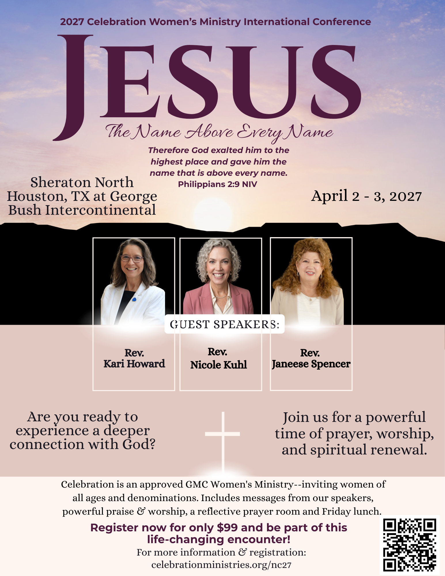 Church conference poster titled “Jesus,” with three guest speakers and April 2–3, 2027 dates.