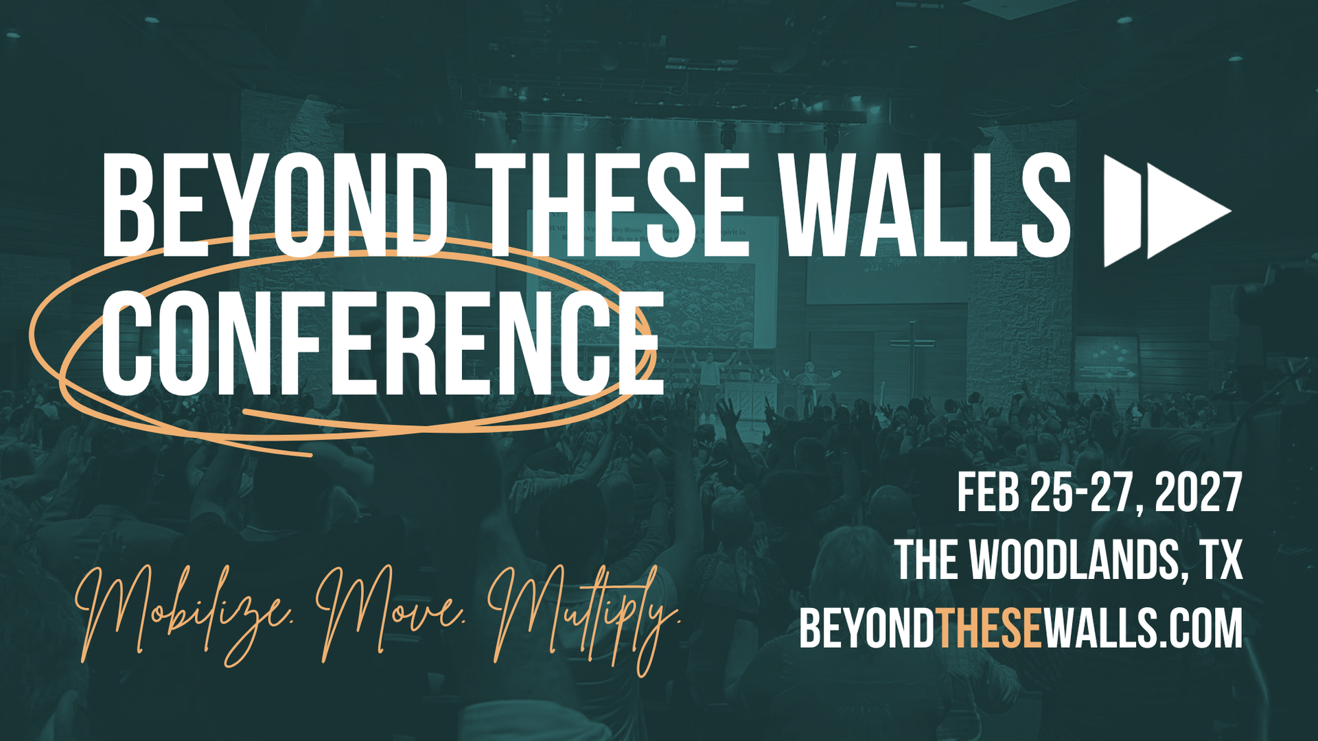 Beyond These Walls Conference poster with dates, location, and website on a dark teal background