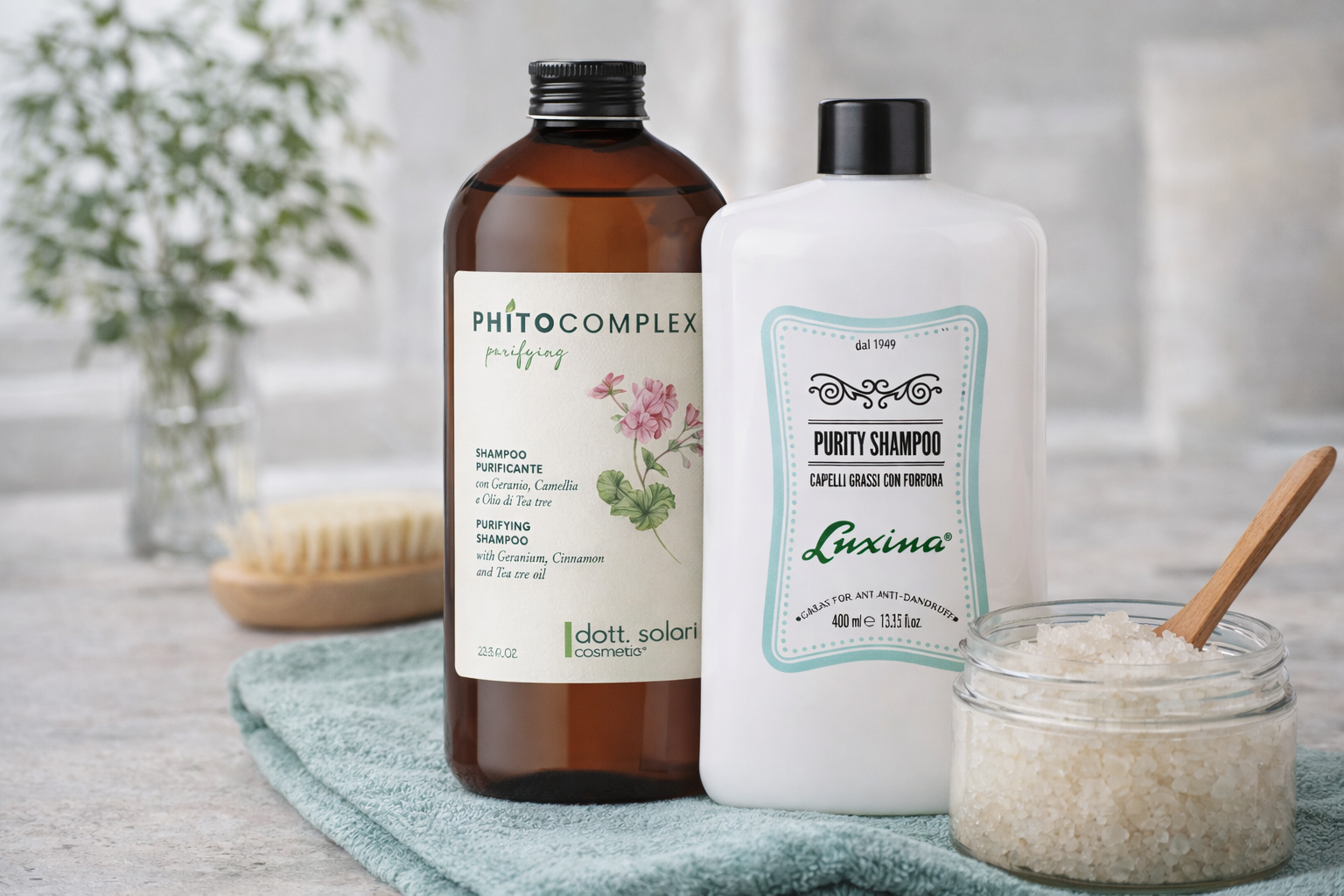 prodotti bellezza per capelli perfetti e purificati. Shampoo, balsamo e scrub.