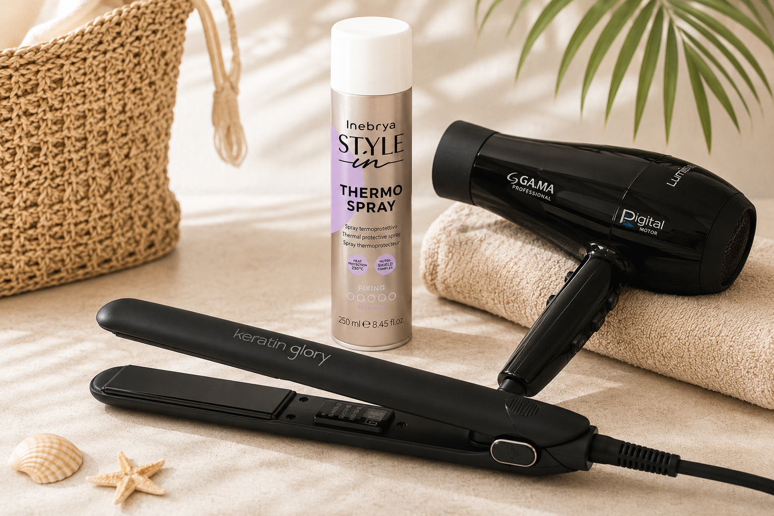 Strumenti per lo styling dei capelli e spray texturizzante su una superficie a tema spiaggia con una borsa intrecciata e una foglia di palma.