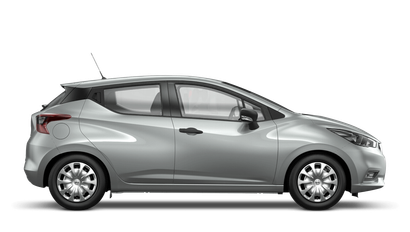 Silver Nissan Micra, side view, parked on a white background.