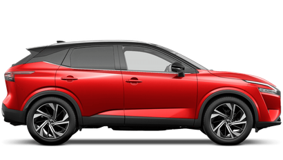 Red Nissan Qashqai SUV with black roof and wheels, parked on a white background.