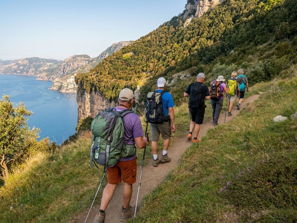 Hikers with backpacks walking along a cliffside trail above a blue lake