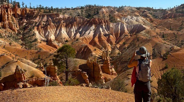 Hiker with backpack overlooks a colorful canyon of striped rock formations under a clear sky