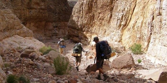 A group of people are walking through a rocky canyon.