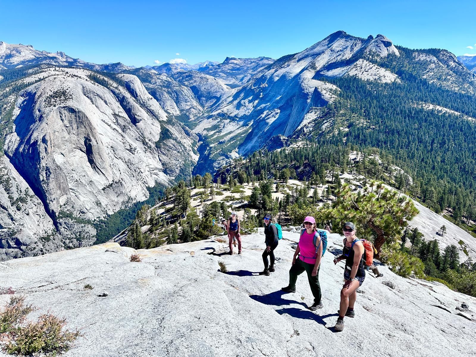 Hikers on a rocky ridge with mountain views. Sunny day, four people, trees and valley below.