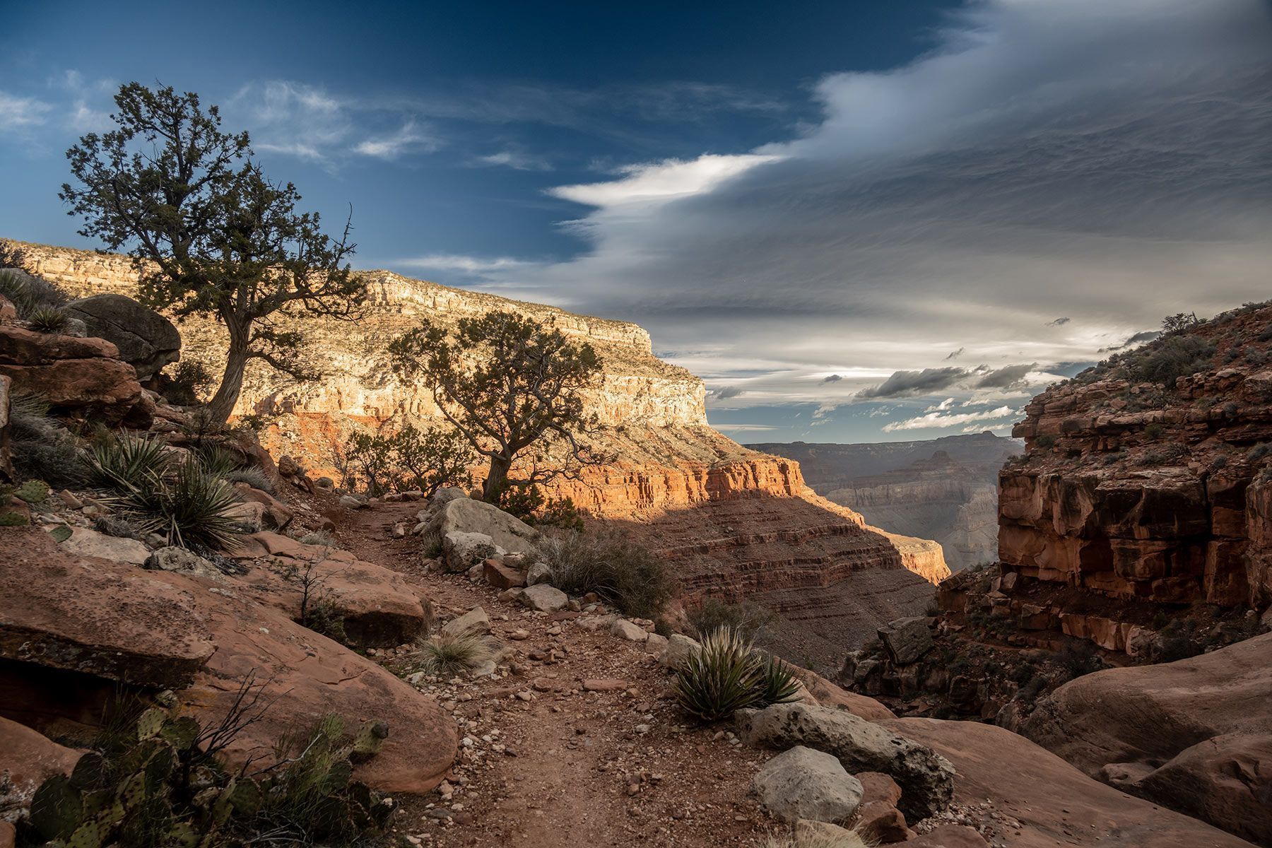 Rocky canyon trail at sunset with golden cliffs, sparse trees, and a cloudy blue sky