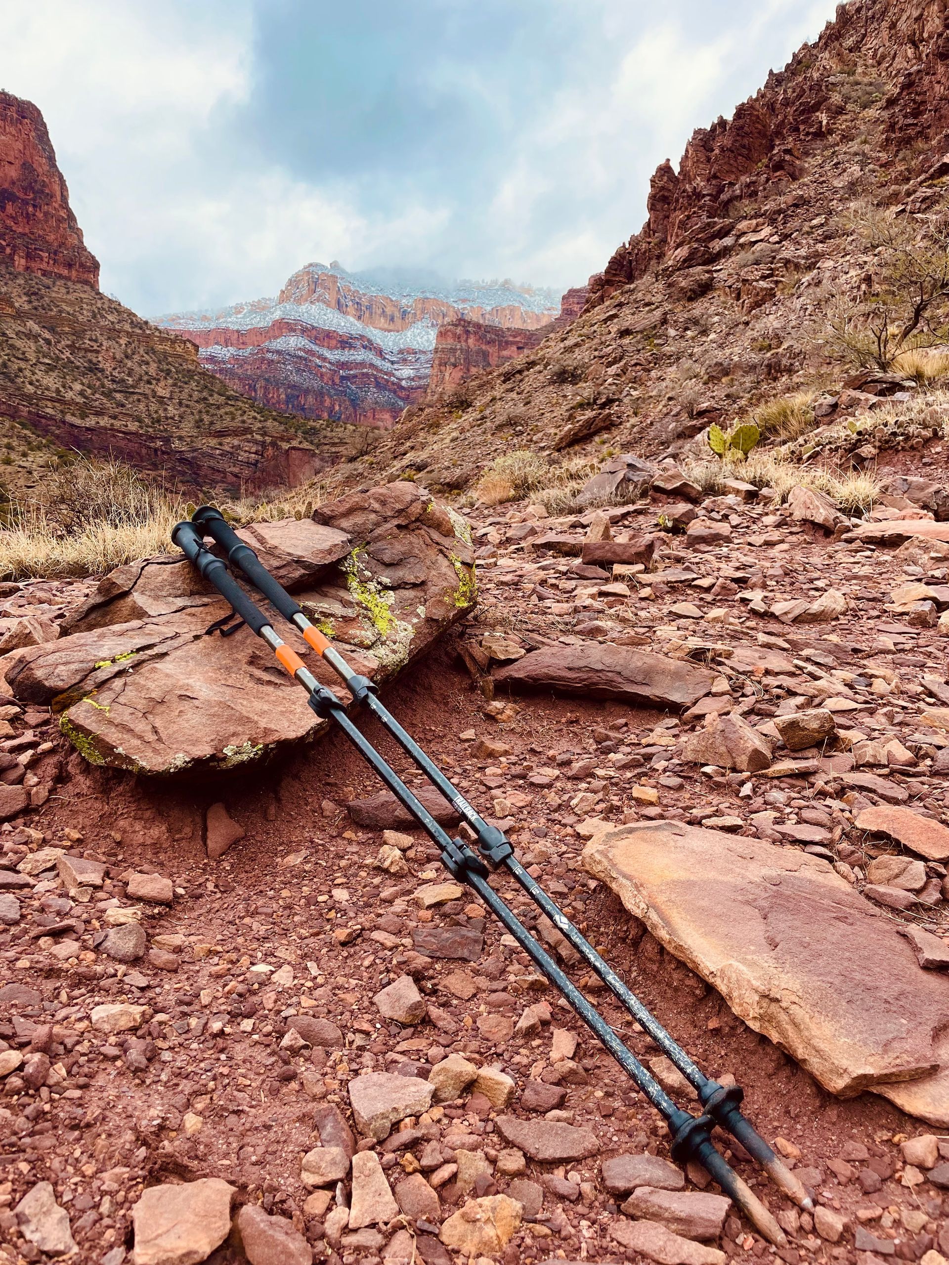 A pair of hiking poles laying on top of a rocky hillside.