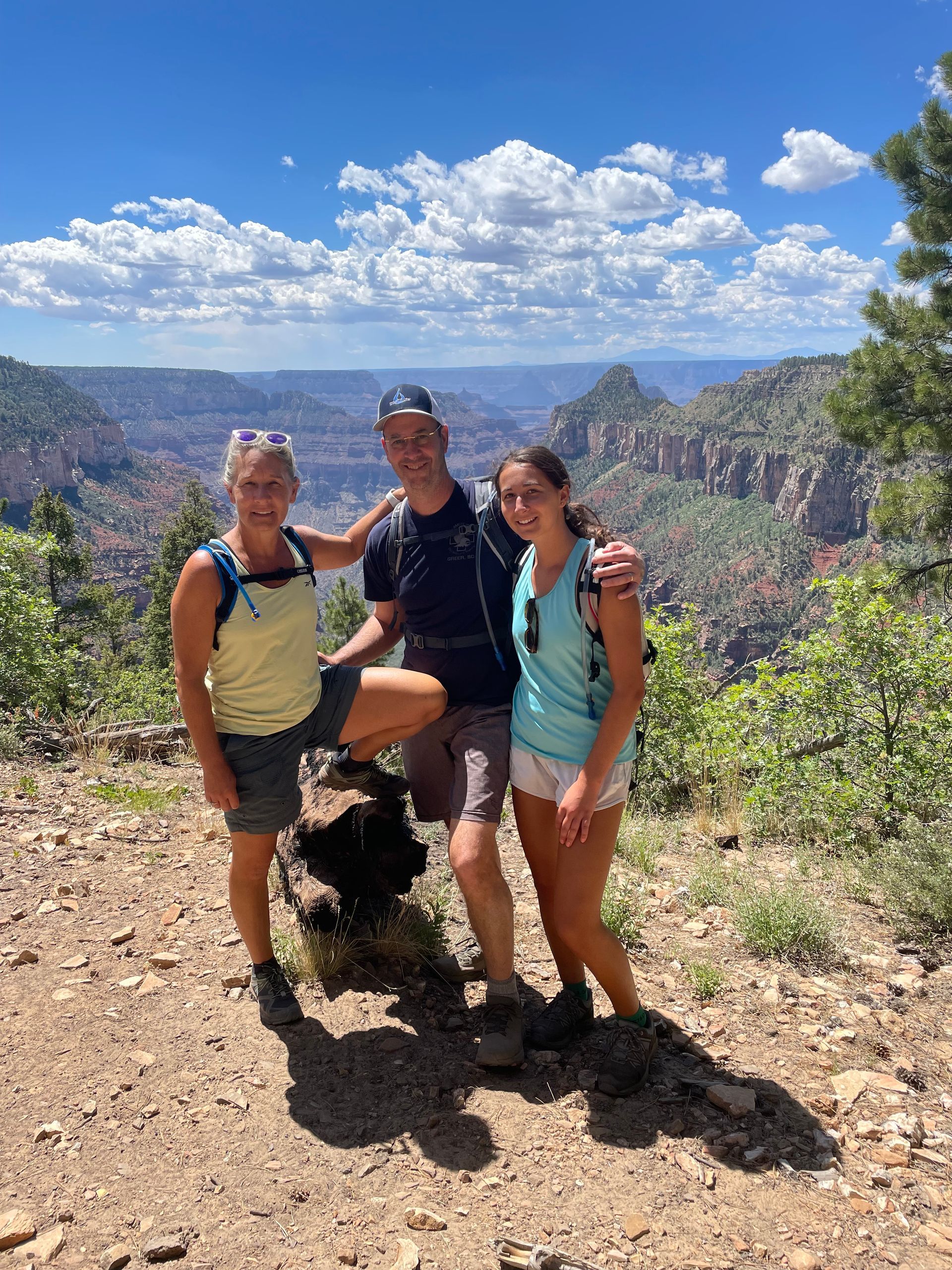 A group of people are posing for a picture on top of a mountain.