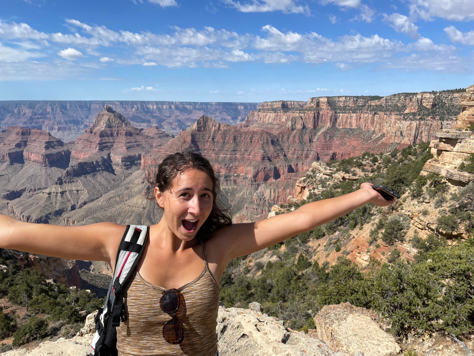 A woman is standing on top of a mountain with her arms outstretched.